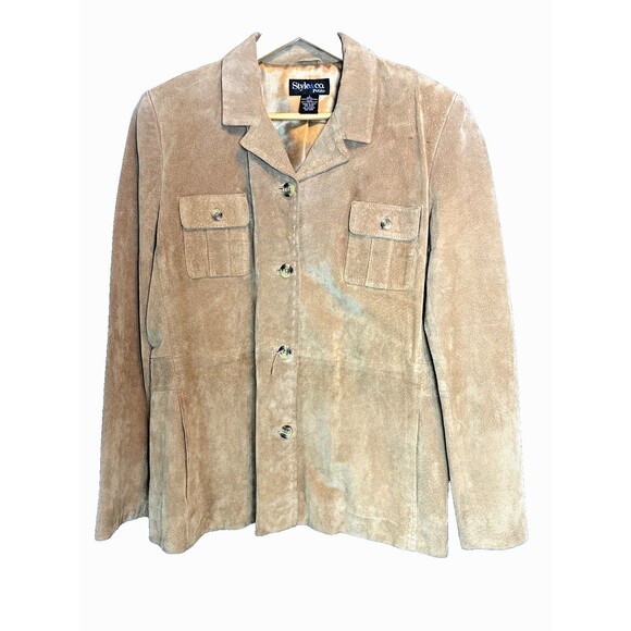 Style & Co. Jackets & Blazers - Style & Co Tan Suede Leather Jacket Blazer Sz PL Structured Western Earthy Boho